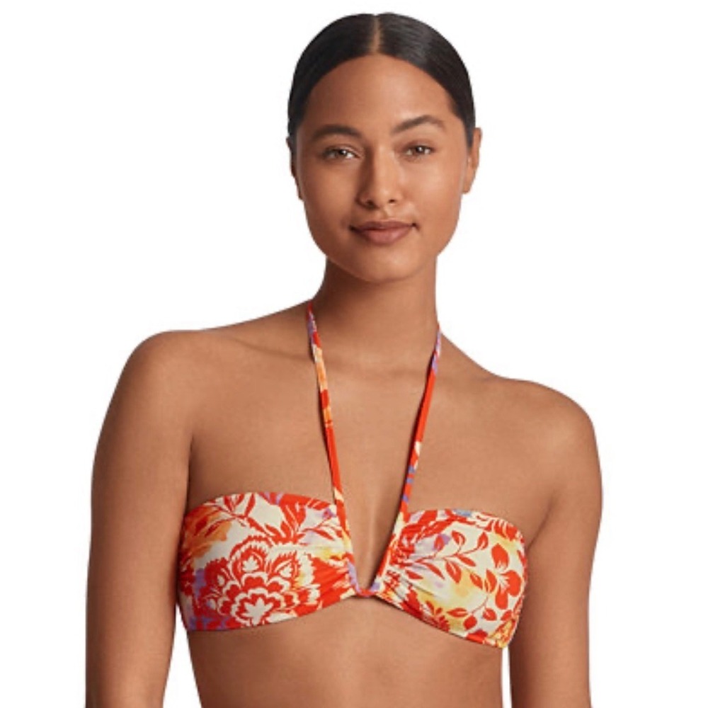 Lauren Ralph Lauren Floral Bandeau Bikini Top Red Orange Halter Beach Size 14